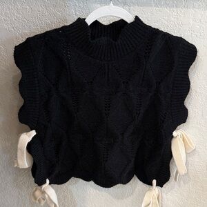 Black Cable Knit Sweater with Cream Bow Ties, Size Small